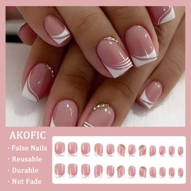 AKOFIC Pack of 24 Press On Nails Short Coffin, French Acrylic Artificial Nails, Glue-On Nails with Jelly Nail Glue, Pink White Ballerina Fake Nails for Women Girls