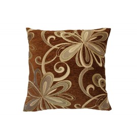 Violet Linen Chenille Chateau Vintage Floral Design Decorative Cushion Cover, 18" x 18", Brown