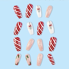 Christmas Press on Nails Long Coffin Snowflake Fake Nails, Silver Glitter Xmas Lantern Acrylic Nails, Red White Stripe Glossy False Nails Kits Winter Stick Glue on Nails Tip 24 Pcs