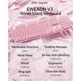 SEUNKWANG EWEADN GX710S Backlit Computer Keyboards, Wired USB Keyboard with White Backlit, Metal Panel, Plug and Play, Pudding Keycaps Full Size Quite Computer Keyboard for Win/PC/Laptop-Pink