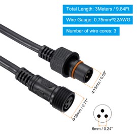 PATIKIL 9.84Ft 3 Pin Extension Cable Wire, 18AWG Waterproof IP67 Connector with Male and Female at Both Ends for LED Strips, Black