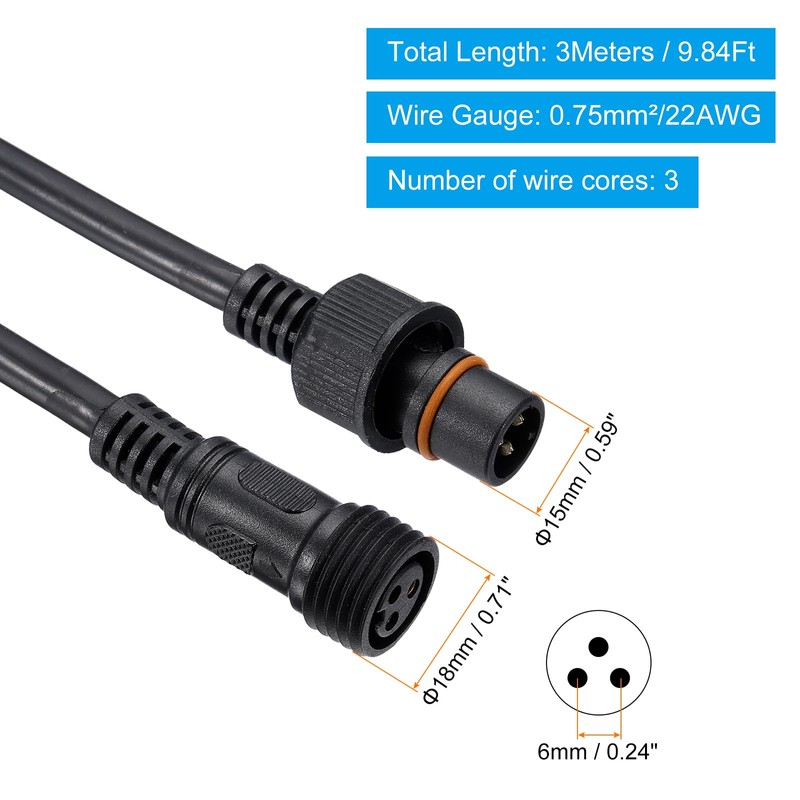 PATIKIL 9.84Ft 3 Pin Extension Cable Wire, 18AWG Waterproof IP67