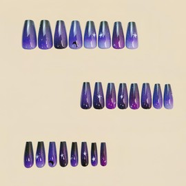 Purple Gradient Press on Nails Medium Ballet Shaped Stars Moon Pattern Design Acrylic Nails Artificial Stick on Nails Press Nails with Charm Full Cover Coffin Nails Glossy Glue on Nails for Women
