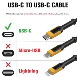 DEWALT Cable USB C de Alta Resistencia, Cable USB C de 60 Vatios para Sitio de Trabajo, Cable de Alta Velocidad Tipo-C a Tipo-C, Cordón de Carga Rápid