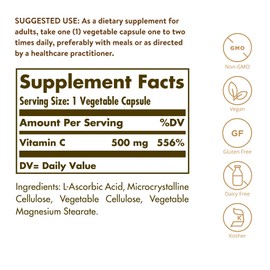 SOLGAR Solgar Vitamin C 500 mg, 250 Vegetable Capsules - Antioxidant & Immune Support - Overall Health - Supports Healthy Skin & Joints - Non-GMO, Vegan, Gluten Free, Kosher - 250 Servings