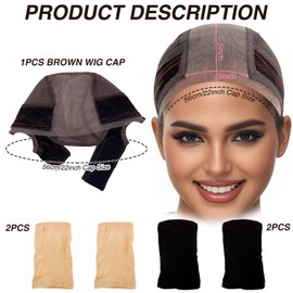 Asheyya 5 Pcs Set Wig Caps to Hold Wig in Place, Brown Adjustable WigGrip Headband Cap