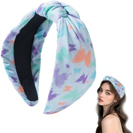 OCOUYVD Blue Flower Print Knotted Headbands Colourful Butterfly Cute Wide Top Knot Cotton Headband for Women's Hair, Hair Styling Fashion Hairbands Non Slip Wide Head Band Accessories for Girls