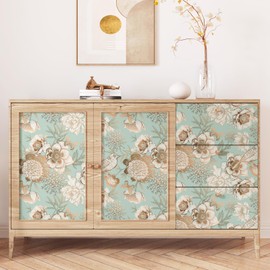 Wallercity Vintage Green/Gold Peel and Stick Wallpaper Floral Birds Contact Paper for Bedroom Renter Friendly Floral Contact Paper for Walls Cabinets Self Adhesive Wall Paper Home Decor 17.5''x315''