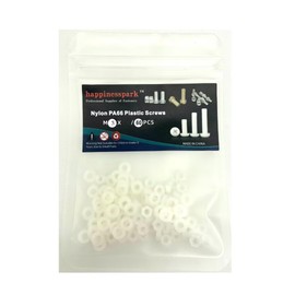 happinesspark Nylon PA66 Plastic White Color Metric Hex Nut M3 60PCS and Plain Washers M3 60PCS