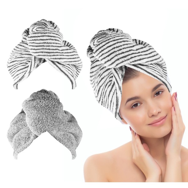 2 Pcs Microfiber Hair Towel Wrap, Hair Turban Towel Soft and Anti Frizz Head Towel Super Absorbent Hair Drying Towel with Buttons Fasten Salon Dry Hair Hat for Women Girls (Stripe, Grey)