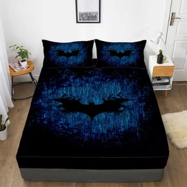 Gusuhome Boys Bats Fitted Sheet Set 3D Printing Bedding Set Queen for Teens 3 Piece (1 Deep Pocket and 2Pillowcases) Microfiber Bed Sheet Set for Kids and Man Blue Black