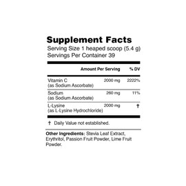 High-Dosed 2000mg Vitamin C & L-Lysine Drink Mix Powder | Heart, Arteries, Collagen & Immune Support | Passion Fruit & Lime | Stomach-Friendly | Non-GMO Sugar-Free Vegan Doctor-Formulated | 210g Size
