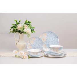 FHGNYSM High Bone China Dinnerware Set, 12-Piece Artistic Blue Plates and Bowls, Lightweight & Chip Resistant Ceramic Service for 4, Dishwasher Safe Elegant Kitchen Dining