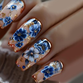 Flower Press on Nails Long Ballet Shaped Blue Floral Pattern Design Full Cover Glossy Acrylic Artificial Fingernails Press Ons Blossom Stick on Nail 24Pcs Reusable Glue on Nails for Women Manicure