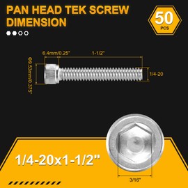 DTGN 1/4"-20x1-1/2" Socket Head Cap Screws Bolts - 50Pack - Good for Road Bicycle, Mountain Bike, Auto, Motorcycle - 304 Stainless Steel Hex Head Metric Screws - Silver