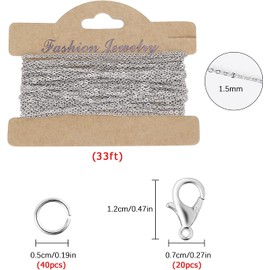 33feet Silver Plated Chain Link Cable Necklace with 20 Lobster Clasps and 40 Jump Rings, Stainless Steel Chains for DIY Jewelry Chain Making (1.5mm)