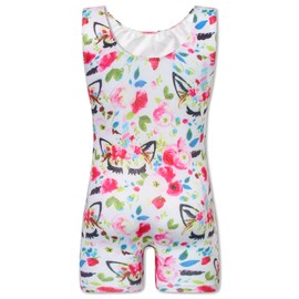 Gymnastics Leotards for Girls 5-6 Years Sparkly White Unicorn Flower Printed Sleeveless Biketard Classic Kids Unitard