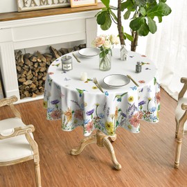 Horaldaily Spring Tablecloth 70×70 Inch Round, Floral Flowers Butterfly Birds Washable Table Cover for Party Picnic Dinner Decor