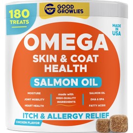 GOODGROWLIES Omega 3 Alaskan Fish Oil Treats for Dogs - Dry&Itchy Skin + Allergy - Shiny Coats - EPA&DHA Fatty Acids - Natural Salmon Oil Chews - 180 Soft Chews - Bacon & Chicken