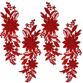 CABODYALS - 2 pares de 4 apliques de flores 3D con bordado rojo, apliques de encaje bordado clásico, parches florales de poliéster para coser vestidos, ropa, decoración de bodas, bolsas de bricolaje