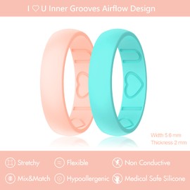 Silicone Ring Women - Heart [I Love U] Pattern Airflow Flow Grooves Breathable Rubber Wedding Bands for Women - 8 Rings / 4 Rings