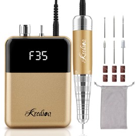 Kredioo Portable Nail Drill 35000 RPM, Rechargeable Electric Nail File E File Kit with Storage Bag Professional Manicure Kit for Nail Lovers Salon Home DIY -Gold