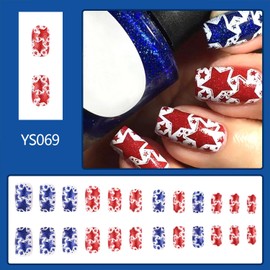 Independence Day Press on Nails Medium Square Fake Nail with Blue Red Glitter Star Designs 4th of July Patriotic False Nails Full Cover Acrylic Artificial Stick on Nail for Women 24 Pcs