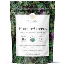 Truvani Protein + Greens Supplement | Spinach, Kale & Broccoli | 10g Organic Plant Based Protein | 20 Servings | USDA Organic | Gluten & Dairy Free | Vegan | No Added Sugar