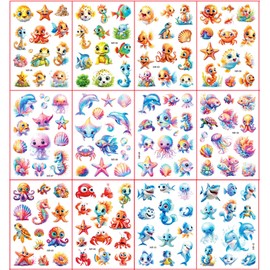 Ocean Glitter Tattoo for Kids, 12 Sheets Temporary Tattoos for Kids, Gifts for Girls Boys, Ocean Party Decorations, Party Bags Fillers Gifts