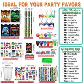 RoundFunny 265 Pcs Video Game Party Favors Drinking Cups Notebook Pencils Sharpener Keychain Slap Bracelets Ring Stamp DIY Sticker Tattoo Sticker Tag Twist Tie for Boy Kid Birthday Gamer Reward Gift