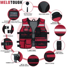 MELOTOUGH Tool Vest for Men Reflective Safety Tool Vest with Removable Phone Holder,Retractable Pen Holder for Electrician,Construction,Carpenters(Red)