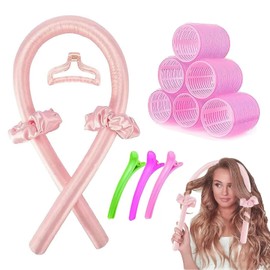 TARGI 9pcs No calorie long hair curls, soft and comfortable sleep no calorie curly hair band, plastic curly hair artifact (pink)