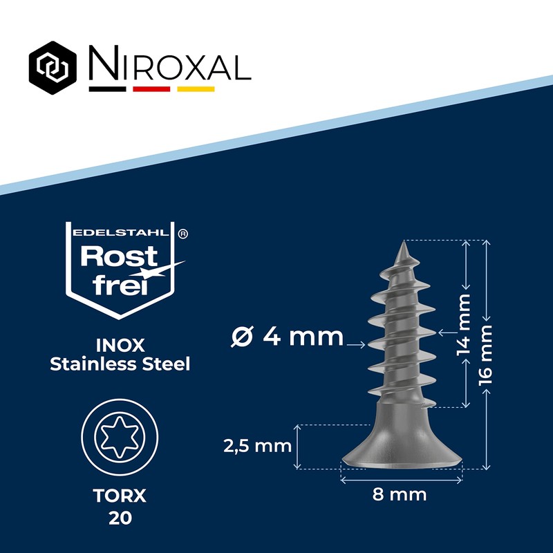 Wood Screws, Torx Screws, Stainless Steel, V2A, Rust-Proof, 4 x