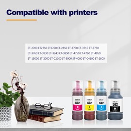 LAIPENG 502 T502 Ink Bottles Compatible for EcoTank ET2700 ET2750 ET2760 ET-2850 ET3700 ET-3710 ET-3750 ET-3760 ET-3830 ET-3850 ET4750 ET4760 ET-4850 ET-15000 ST-2000 ST3000 ST4000 Printer (BK/C/M/Y)