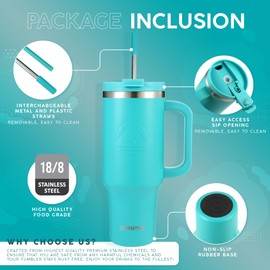 FAHRMOSIS 40 Oz Tumbler with Handle and Straw Insulated Cup that Fits in Cup Holder for Hot & Cold Drinks Leak Proof Tumbler with Straw Stainless Steel Travel Mug for Men & Women - Teal