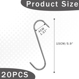 Pack of 20 Meat Hooks, S Hooks, Stainless Steel, Butcher Hooks, S Hooks, Stainless Steel Smoking Hooks, Large Butcher Hooks, Small, for Chicken, Ribbed Smoking (15 cm)