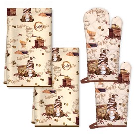 Arquiel Vintage Coffee Kitchen Towels and Oven Mitts Set 4Pcs, Soft Absorbent Dish Cloth Heat Resistant Oven Gloves for Cooking Baking Kitchen Decoration, Gifts for Her