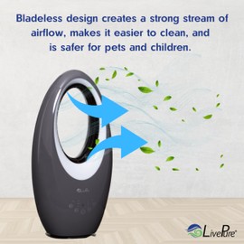 LivePure Bladeless Oscillating Fan w/Filter and Aroma Tray. 3-Speed Adjustment, Touch Control, Quiet Cooling Fan. Stand Up Fan for Bedroom, Office, Kitchen, Graphite