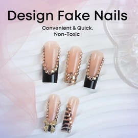 BABALAL Press on Nails Long Square Fake Nails Black French Tip Glue on Nails Bling Rhinestone Luxury Acrylic Nails Bow Charm Goth False Nails 24Pcs Squoval Stick on Nails Manicure Artificial Nails