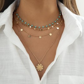 NATOSU Gold Layered Boho Multilayer Necklace for Women - Stacked Pendant with Turquoise Coin, Country Concert, Long for Girls