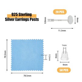 DICOSMETIC 20Pcs 925 Sterling Silver Earrings Posts Flat Pad Earring Studs 4mm Silver Earring Pads Blanks Earring Pin with Polishing Cloth and Ear Nuts for Earring Jewelry Making, Pin: 0.8mm