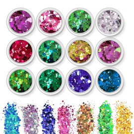 12 Colors Make Face Body and Hair Glitter at The Festival,Chunky Glitter Festival and Party Beauty Makeup Cosmetic Glitter,Holographic Cosmetic Glitter for Face Body Eye Hair Nail and DIY Art