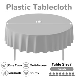 CC-SLZP 3 Pack Premium Plastic Tablecloth, 84 inch Disposable Tablecloths Round Leakproof for Parties, Picnic, Camping, Birthday, Weeding (Silver Grey, Round)