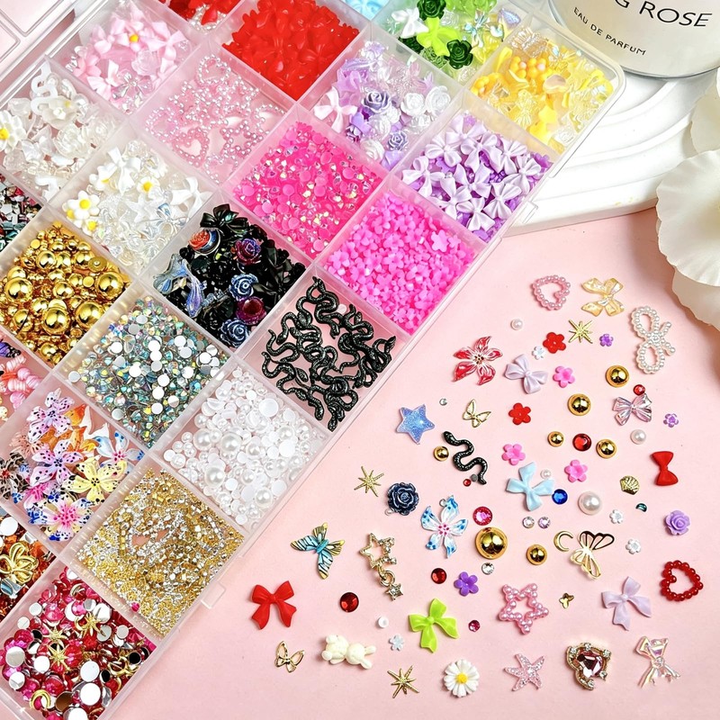 28 Grids 3D Nail Charms Rhinestones Pearls for Nails Art