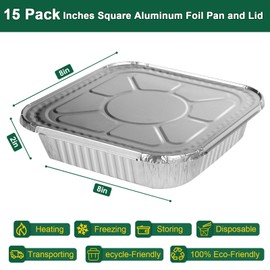 8x8 Inch Disposable Aluminum Foil Pans with Lids (15 Pack) - Heavy-Duty Baking Trays for Air Fryer, Oven- Reusable & Leakproof Design