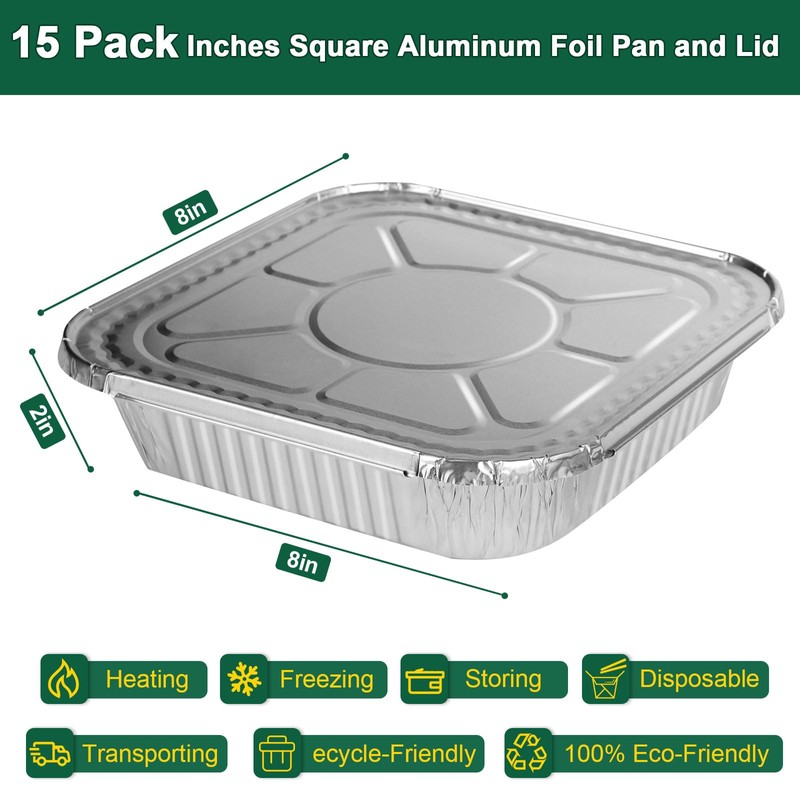 8x8 Inch Disposable Aluminum Foil Pans with Lids (15 Pack)