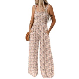 Happy Sailed Jumpsuits for Women Summer Floral Print Blue Jumpsuit Casual Loose Fit Overalls One Piece Wide Leg Long Pant Rompers with Pockets Khaki Large
