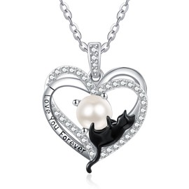 Zeuslia Heart Black Cat Birthstone Necklaces for Women,Sterling Silver Black Cat Heart Pendant Necklaces Love Forever,Cute Animal Jewelry Gifts for Women, Sterling Silver, Pearl