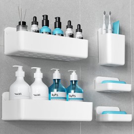 Nieifi Adhesive Shower Caddy 5 Pack, Rustproof No Drilling Shower Shelves for Bathroom Organization, White