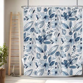 Renaiss 72x72 Inches Navy Blue Floral Shower Curtain Watercolor Flower Leaves Plant Bath Curtain Modern Ink Painting Fabric Shower Curtains for Bathroom Decor Wacterproof with Hooks